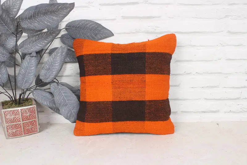 Pillow Case, Vintage Kilim Throw Pillow, Throw Kilim Pillow, Car Cushion, Boho Pillow Sham Cover, Neutral Throw Pillow Case, 14x14 Orange Pillow - 1
