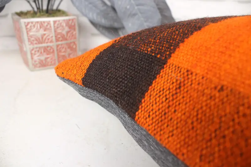 Pillow Case, Vintage Kilim Throw Pillow, Throw Kilim Pillow, Car Cushion, Boho Pillow Sham Cover, Neutral Throw Pillow Case, 14x14 Orange Pillow - 7
