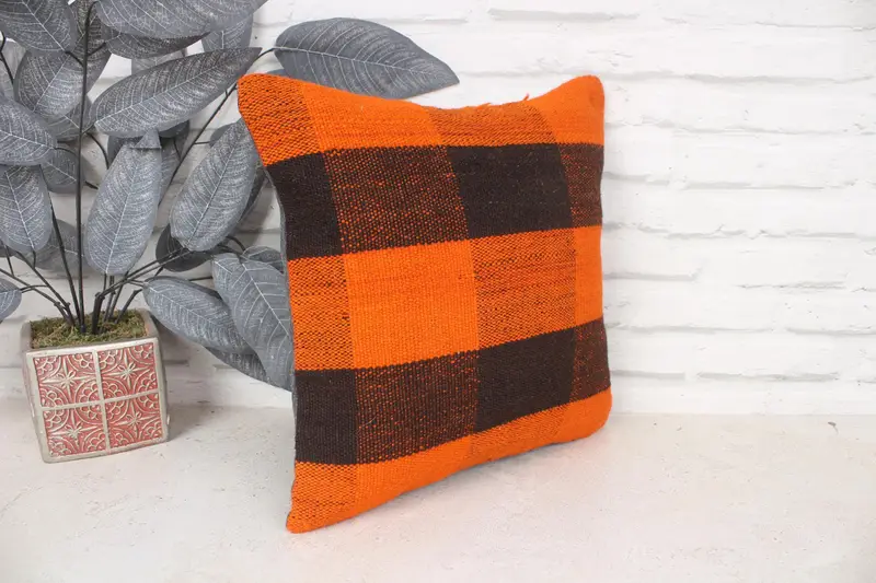 Pillow Case, Vintage Kilim Throw Pillow, Throw Kilim Pillow, Car Cushion, Boho Pillow Sham Cover, Neutral Throw Pillow Case, 14x14 Orange Pillow - 3