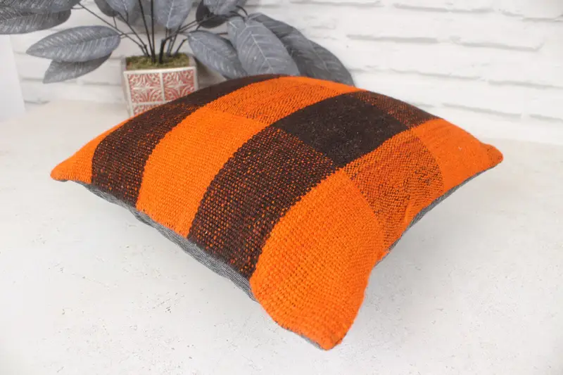Pillow Case, Vintage Kilim Throw Pillow, Throw Kilim Pillow, Car Cushion, Boho Pillow Sham Cover, Neutral Throw Pillow Case, 14x14 Orange Pillow - 6