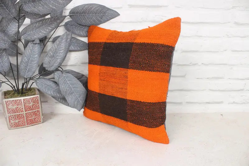 Pillow Case, Vintage Kilim Throw Pillow, Throw Kilim Pillow, Car Cushion, Boho Pillow Sham Cover, Neutral Throw Pillow Case, 14x14 Orange Pillow - 4