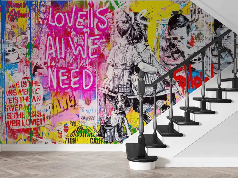 Banksy Mural, Graffiti Digital Paper, Love Is All We Need Wall Decals, Love Graffiti Wallpaper, Wallpaper Mural Art, Banksy Street Wall Art, - 1