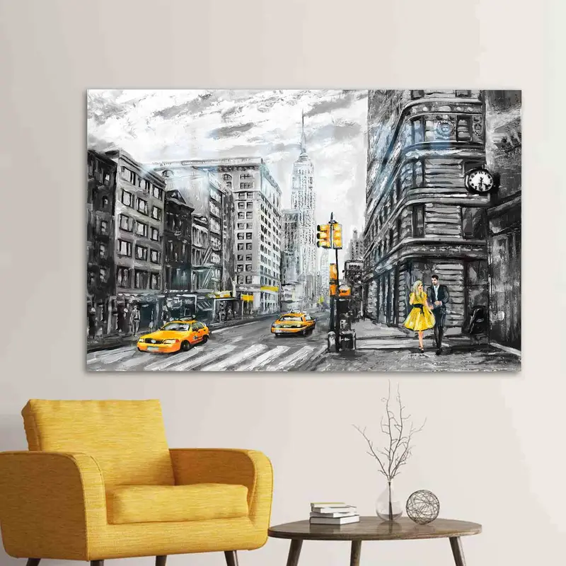 エレガントなプリントガラス: 黄色いタクシーに乗るロマンチックなニューヨークのカップル