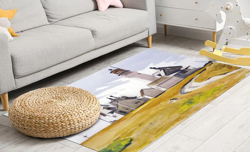 エレガントなプリントラグ：モダンな風景デザイン、柔らかい生地。