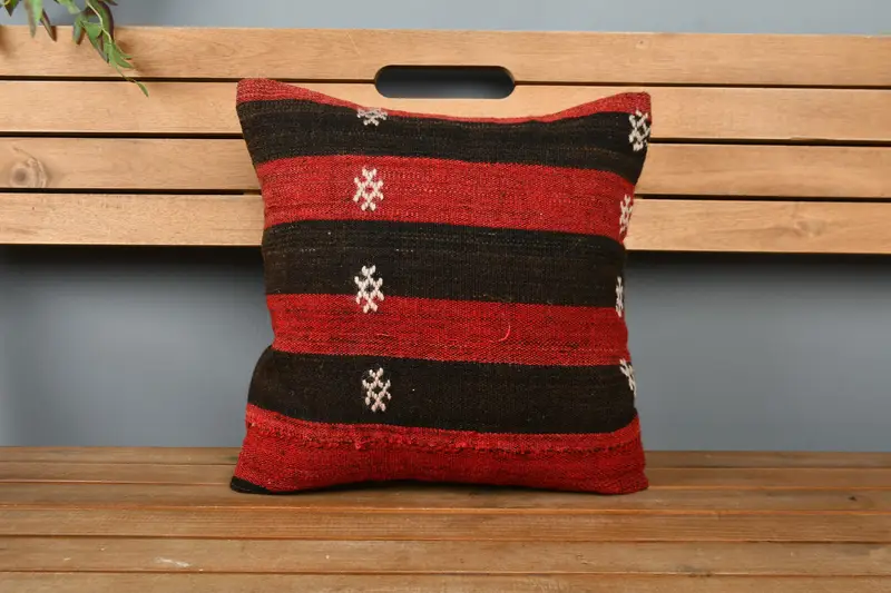 Vintage Kilim Pillow, Pillow Sham, Turkish Pillow, Anatolian Pillow Sham, Handmade Kilim Cushion, 16x16 Red Pillow Sham, Boho Throw Cushion - 6