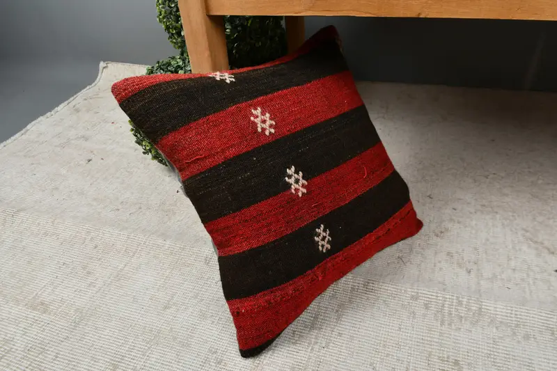Vintage Kilim Pillow, Pillow Sham, Turkish Pillow, Anatolian Pillow Sham, Handmade Kilim Cushion, 16x16 Red Pillow Sham, Boho Throw Cushion - 7