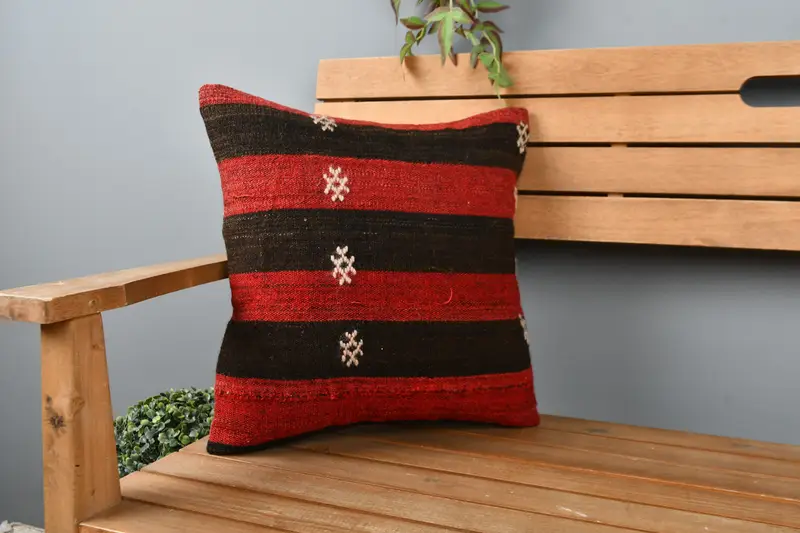 Vintage Kilim Pillow, Pillow Sham, Turkish Pillow, Anatolian Pillow Sham, Handmade Kilim Cushion, 16x16 Red Pillow Sham, Boho Throw Cushion - 1