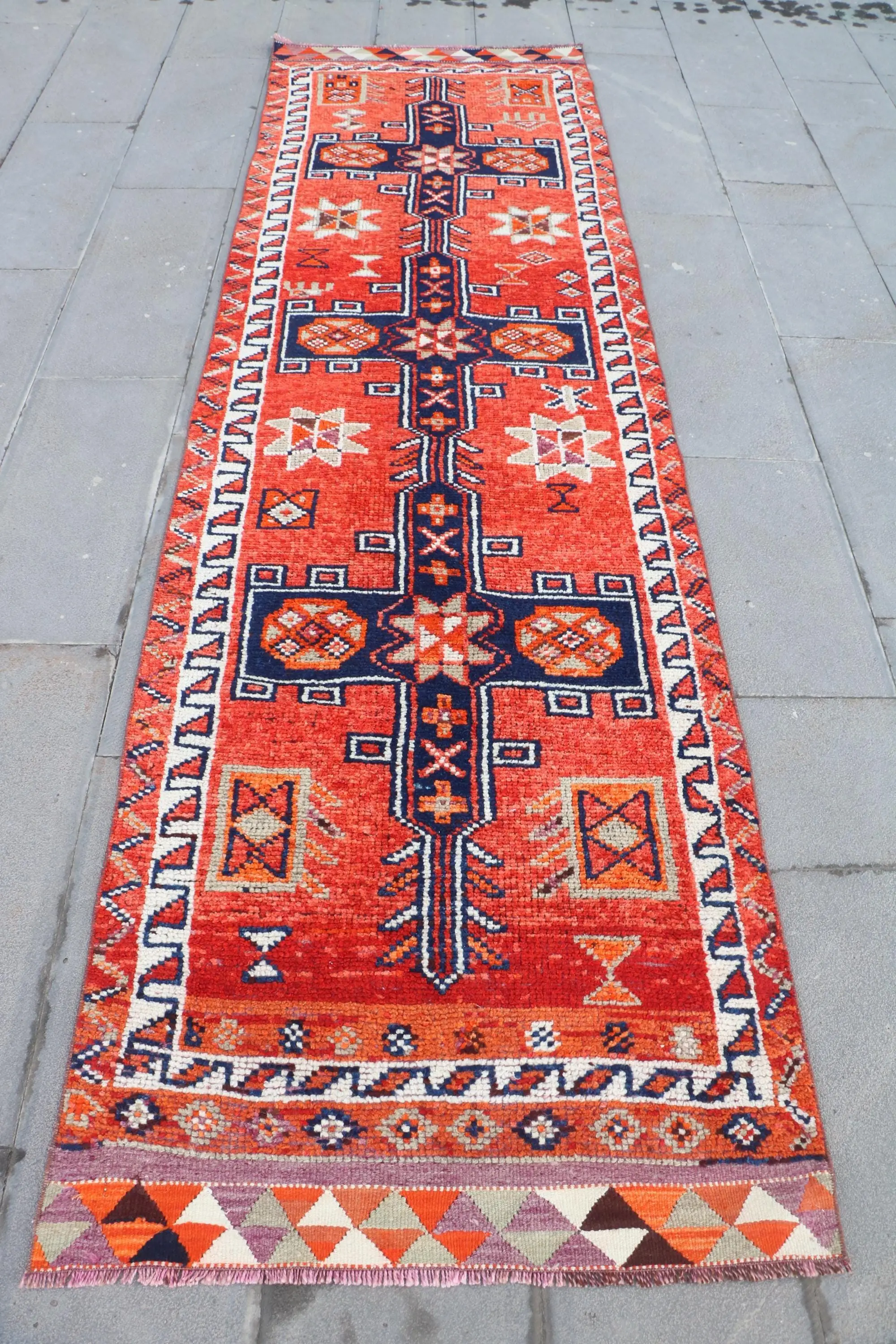 Turkish Vintage Herki Rug 3x10.6 ft (90x324 cm), Red Ikat Wool Rug - 1