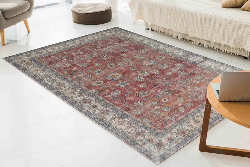 Teppich mit floralem Muster in Beige und Marineblau, antik bedruckt