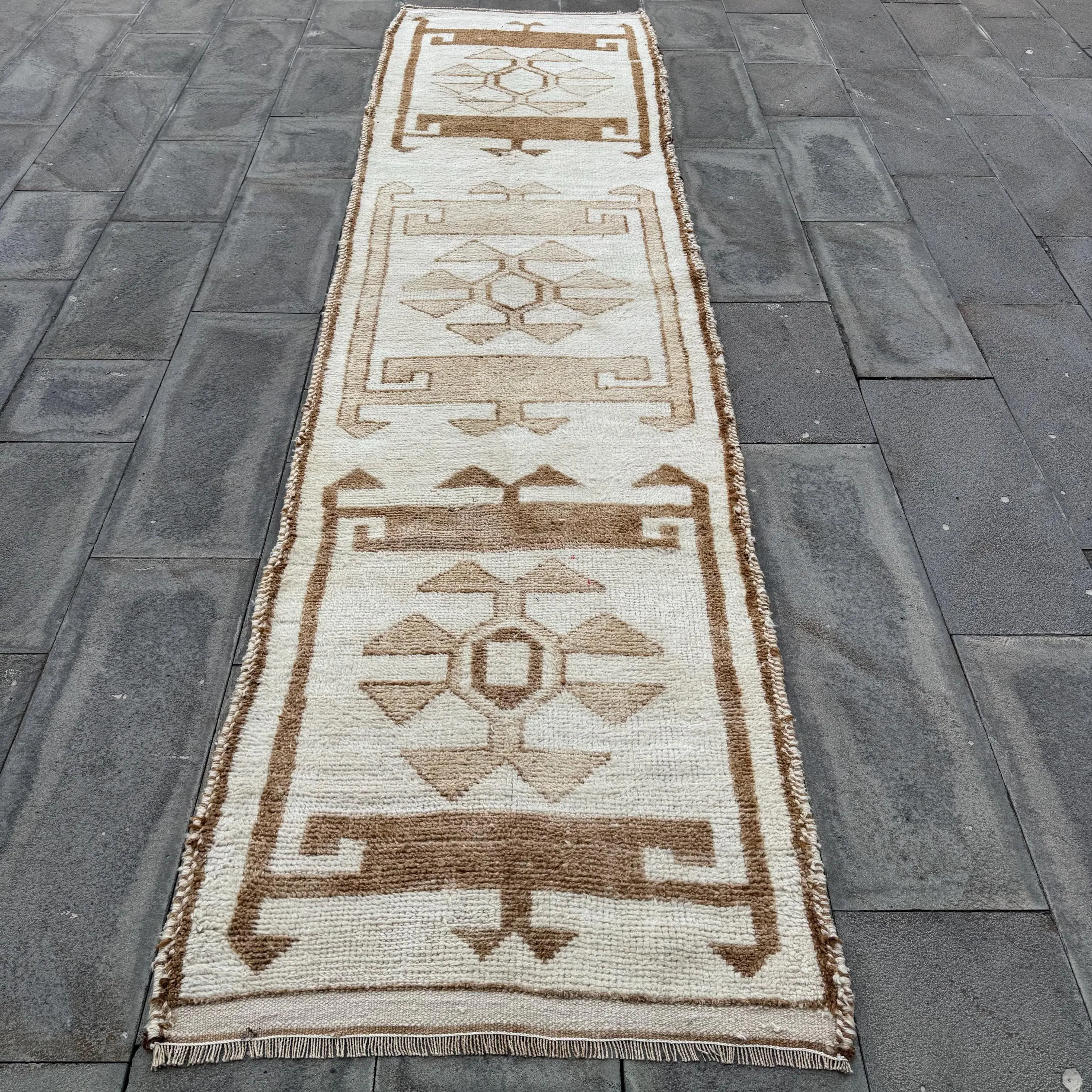 3x11.6 ft Vintage Rug, Turkish Runner Rug, White Brown Floral Rug - 1