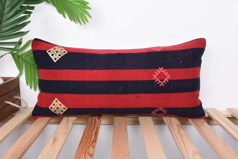 Boho Chic Pillow Cover, Turkish Pillow, 12x24 Red Pillow, Antique Pillows, Throw Kilim Pillow, Pillow, Ikat Pillow Sham - 1
