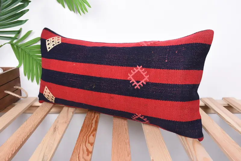 Boho Chic Pillow Cover, Turkish Pillow, 12x24 Red Pillow, Antique Pillows, Throw Kilim Pillow, Pillow, Ikat Pillow Sham - 5