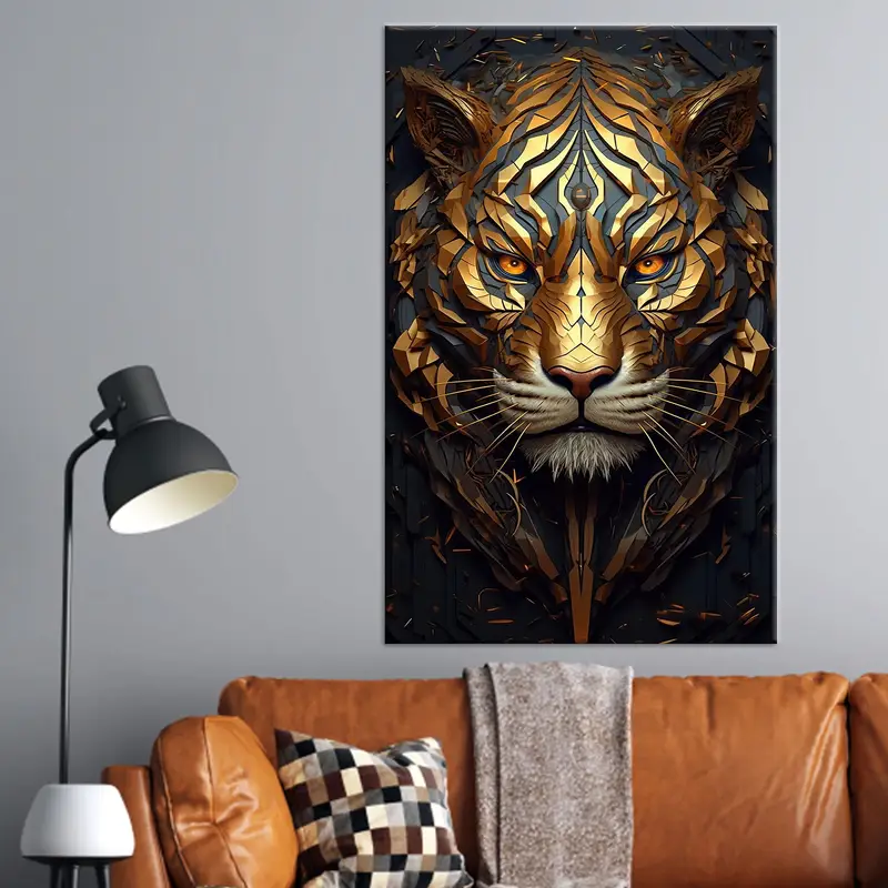 Goldener Tiger, abstraktes surrealistisches Design, bedruckte Leinwandkunst