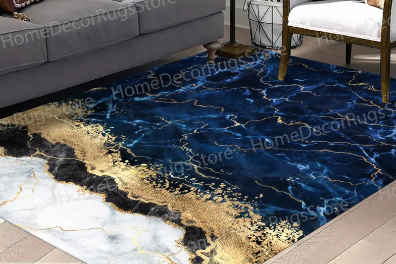 Marineblau-goldener Marmor-bedruckter Teppich, zeitgenössisches, schickes Design