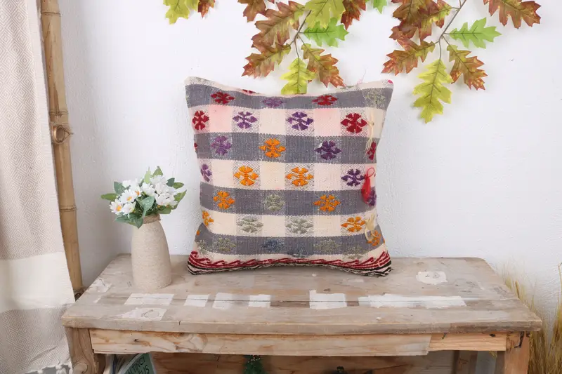 Kilim Pillow Cover, 16x16 White Pillow, Cushion, Vintage Kilim Pillow Pillow Sham, Vintage Kilim Throw Pillow, Ethnical Kilim Rug Pillow - 1