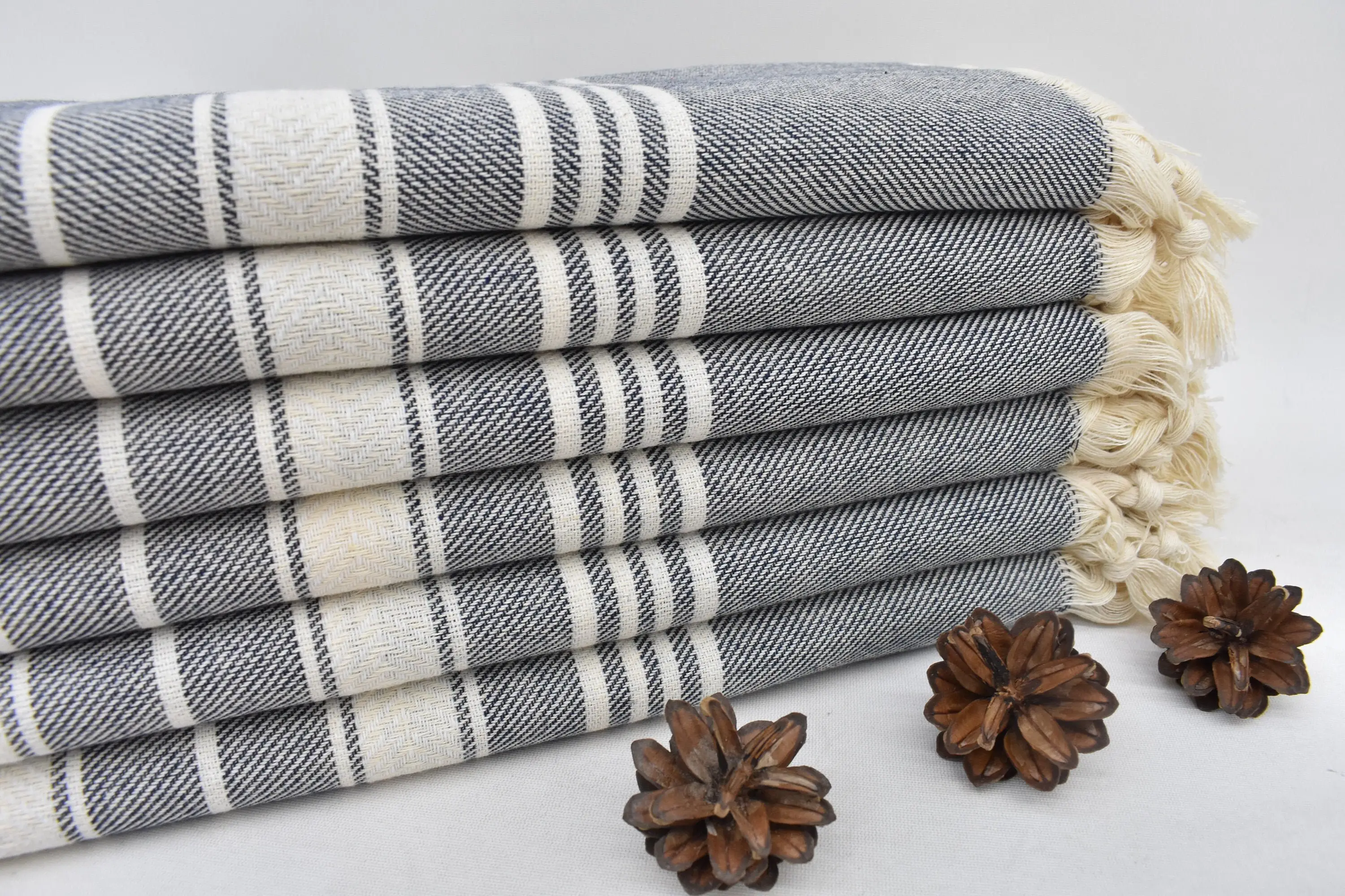 Custom Beach Towel Personalized Navy Herringbone, Organic Cotton, 70x40 Inches - 1