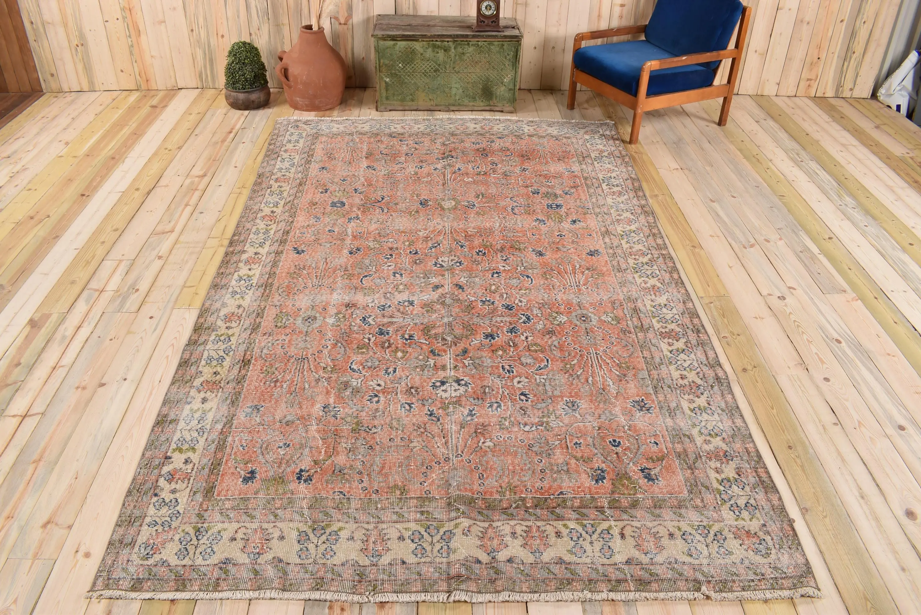 Turkish 6.9x10.8 ft Rug, Oversize Vintage Rug, Blue Red Floral Wool Rug - 1