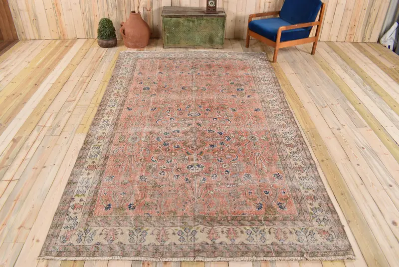 Red & Blue Rug, Geometric Floral Motifs 6,9x10,8 ft