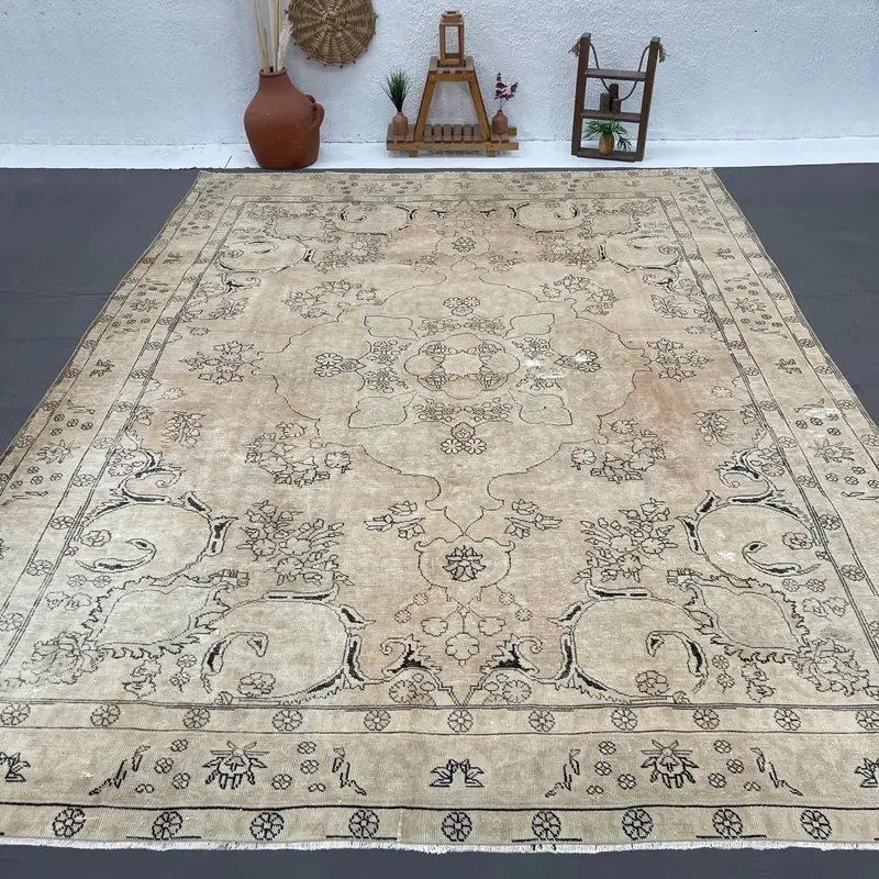 Vintage Oushak Rug 9.8x12.6 ft, Brown Black Geometric Wool Turkish Rug - 1