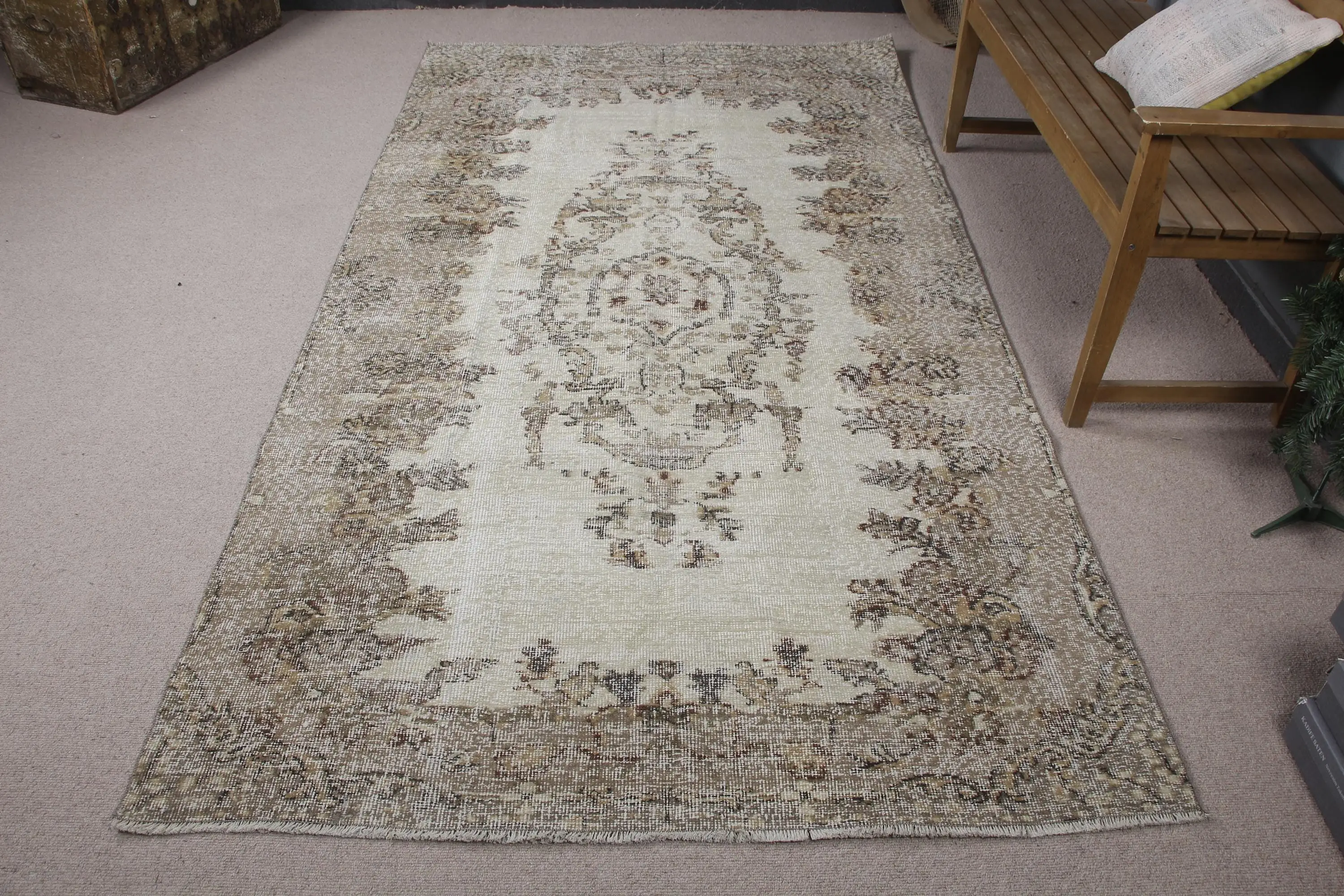 Vintage Büyük Halı 4.9x9.2 ft, Türk Kahverengi Soyut Yün Halı - 1