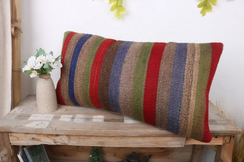 Ethnic Throw Cushion, Ethnical Kilim Rug Pillow, Gift Pillow, Boho Pillow Sham Cover, 12x24 Blue Pillow Case, Sustainable Pillow, Pillow Cover - 4