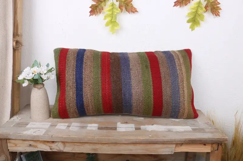 Ethnic Throw Cushion, Ethnical Kilim Rug Pillow, Gift Pillow, Boho Pillow Sham Cover, 12x24 Blue Pillow Case, Sustainable Pillow, Pillow Cover - 1