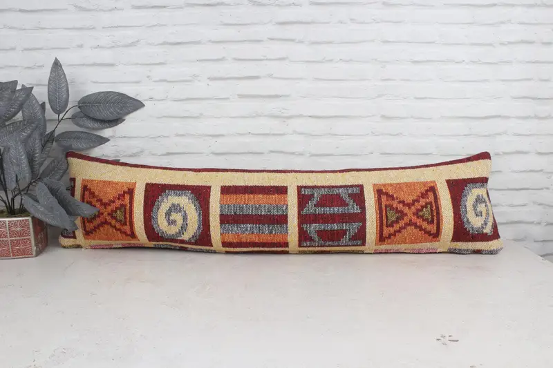Ethnical Kilim Rug Pillow, Pillow Cover, 12x48 Beige Pillow Cover, Bohemian Cushion Cushion Case, Pillow for Couch, Handmade Kilim Cushion - 1