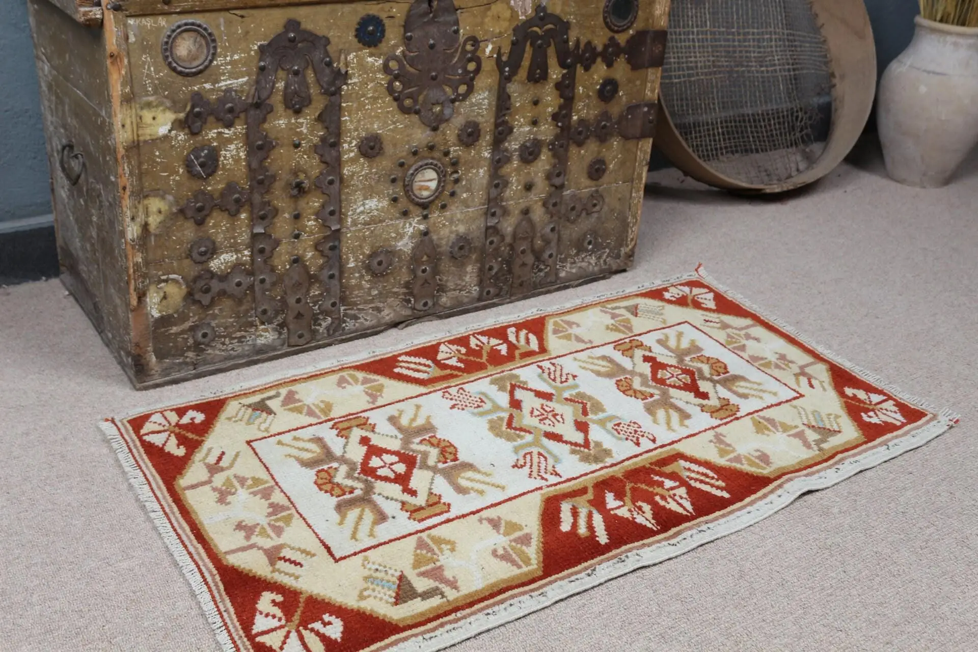 Kleiner Vintage Teppich 1,7x3 ft, türkischer roter Patchwork-Wollteppich - 1