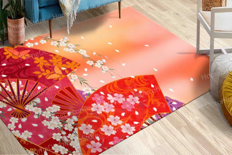 モダンな日本の桜プリントラグ、エレガントなデザイン