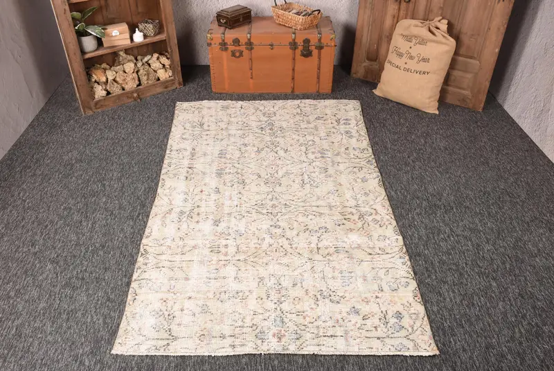 4.6x7.6 ft Area Turkish Rug, Green Floral Vintage Rug - 1