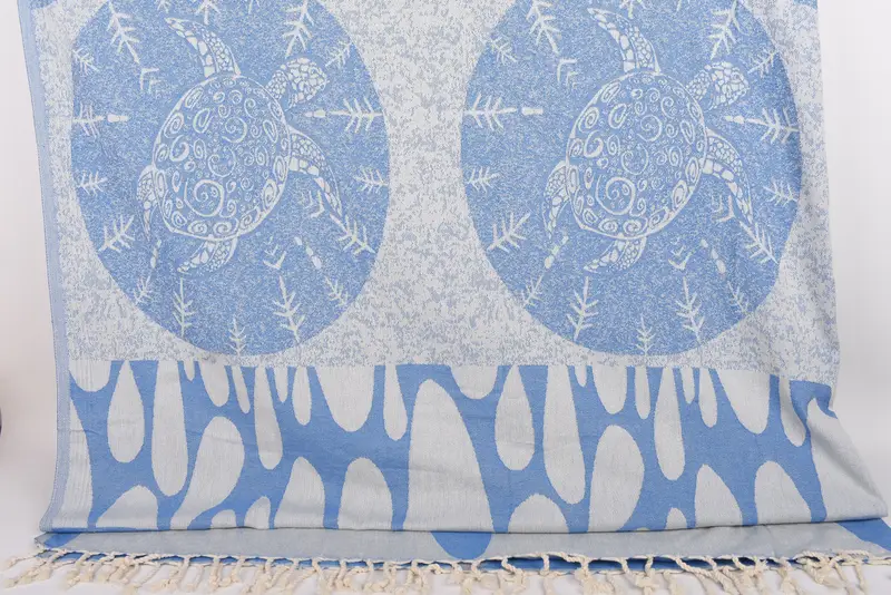 Petrol Blue Turtle Design Organic Cotton Blanket, 99x79 Inches