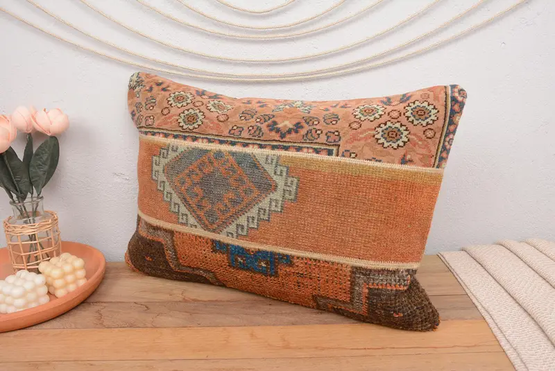 Orange & Brown 16x24 Handmade Patchwork Pillow, Vintage Rectangle Throw - 4