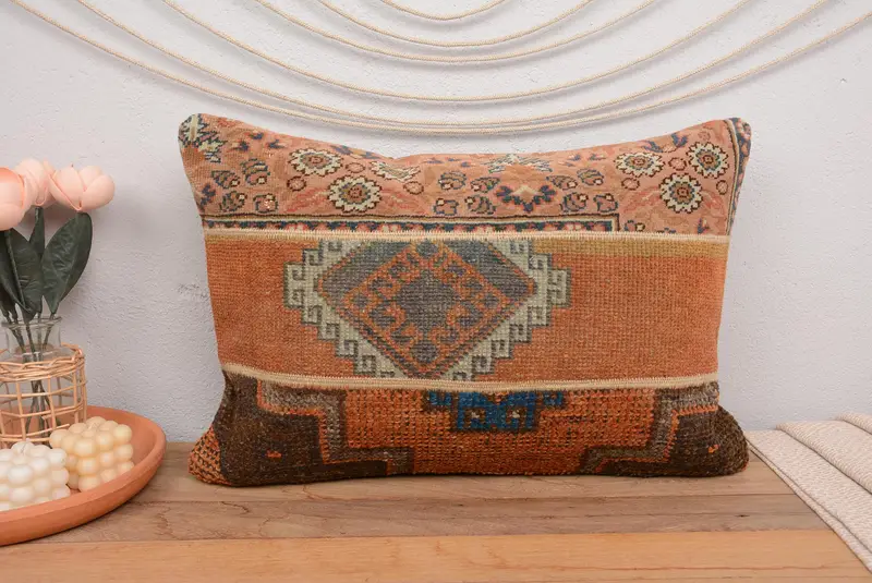 Orange & Brown 16x24 Handmade Patchwork Pillow, Vintage Rectangle Throw - 2