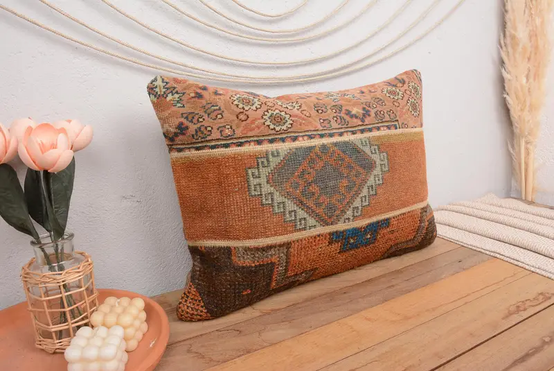 Orange & Brown 16x24 Handmade Patchwork Pillow, Vintage Rectangle Throw - 1