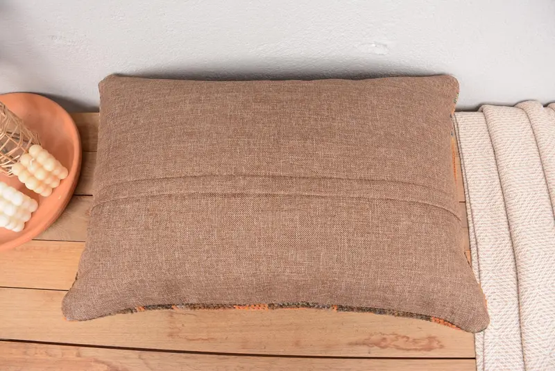 Orange & Brown 16x24 Handmade Patchwork Pillow, Vintage Rectangle Throw - 6