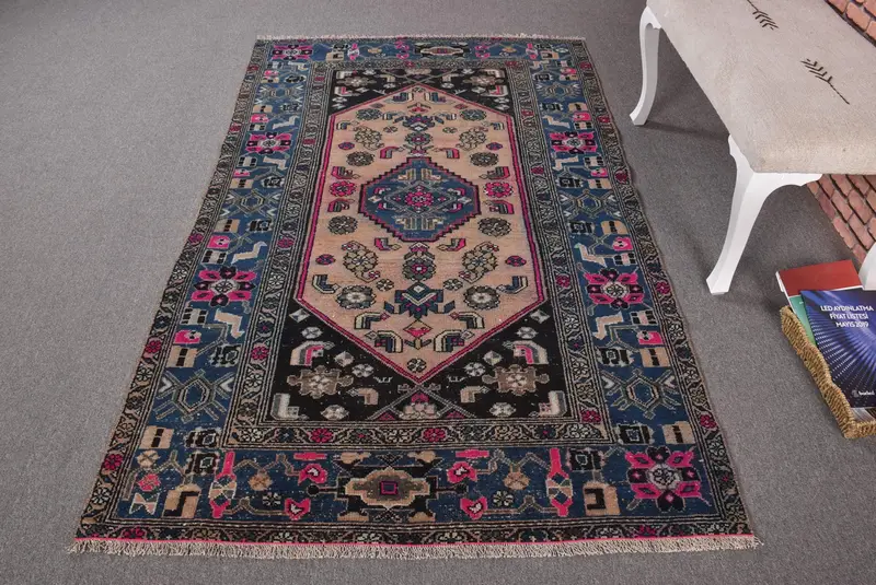 Turkish 4.2x6.9 ft Rug, Area Vintage Rug, Blue Red Floral Wool Rug - 1