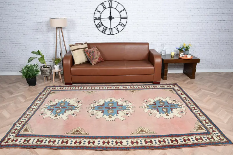 Türkischer Vintage Oushak-Teppich 6,1 x 8,9 Fuß, roter großer Ombré-Wollteppich - 1