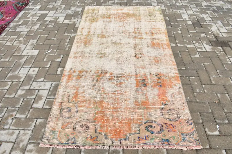 3,8x7,3 ft Teppich, türkischer Vintage Teppich, orange blauer orientalischer Wollteppich - 1