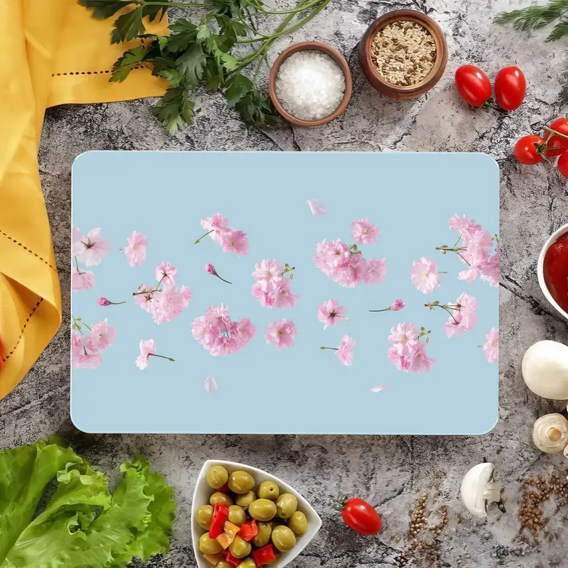 Modern Çiçek Desenli Cam Kesme Tahtası, Pembe ve Mavi Tasarım