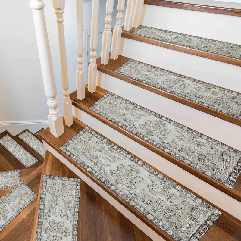Beige Kilim Design Printed Rug for Stairs, Bohemian Chic
