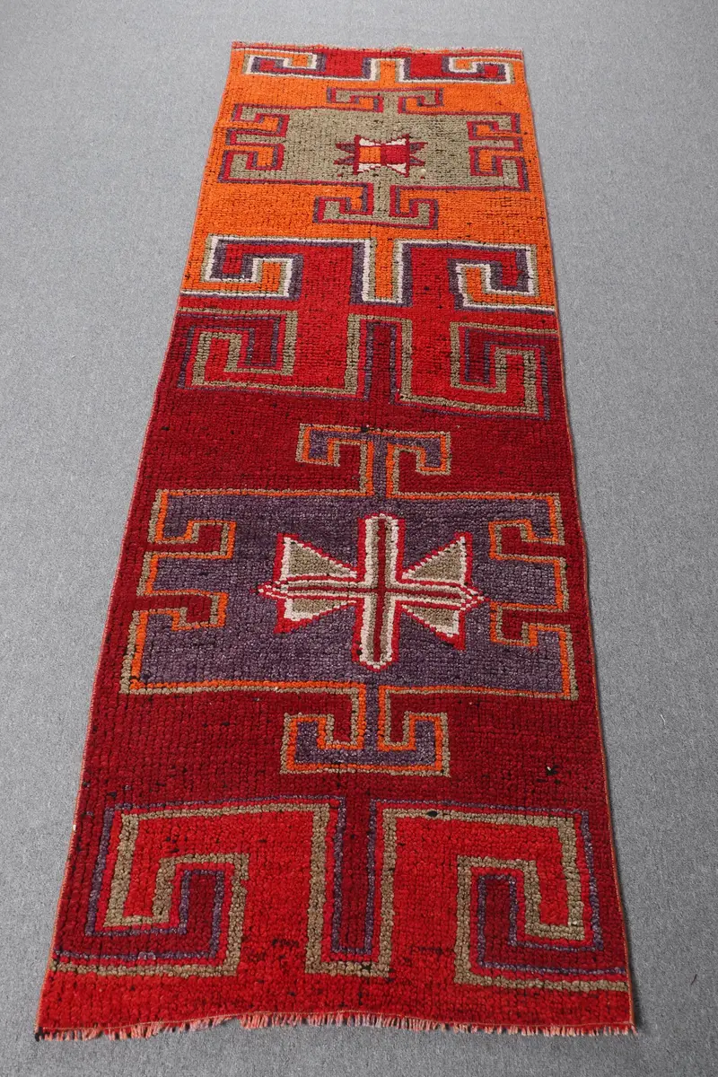 Vintage Halı, Yolluk 2.4x7.1 ft Türk Halısı, Kırmızı Turuncu Güneybatı Yün Halı - 1