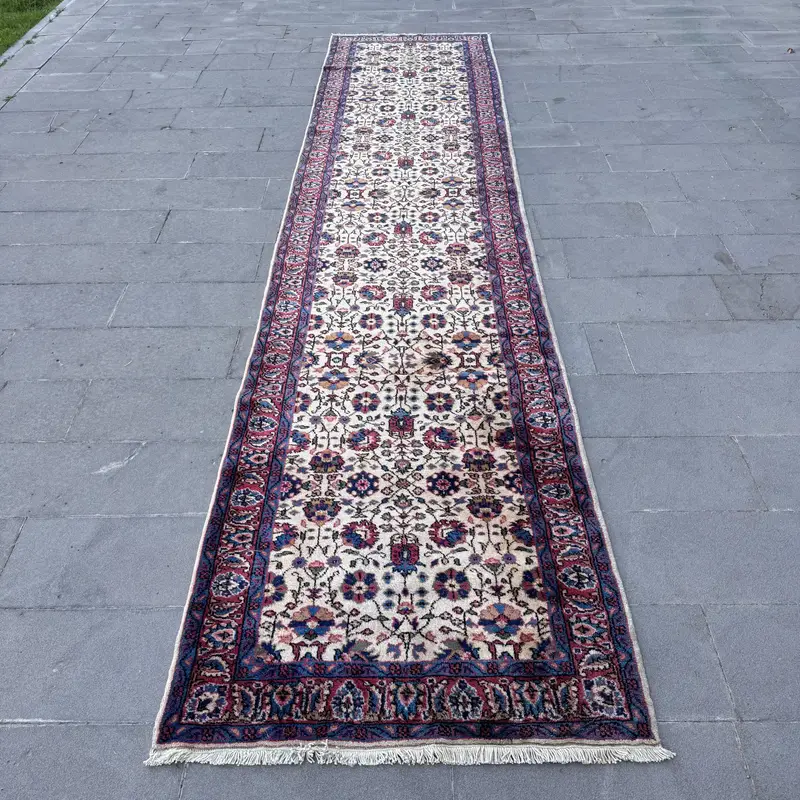 Vintage Turkish Runner Rug 3.8x16.2 ft (117x493 cm), Blue Floral Oushak Rug - 1