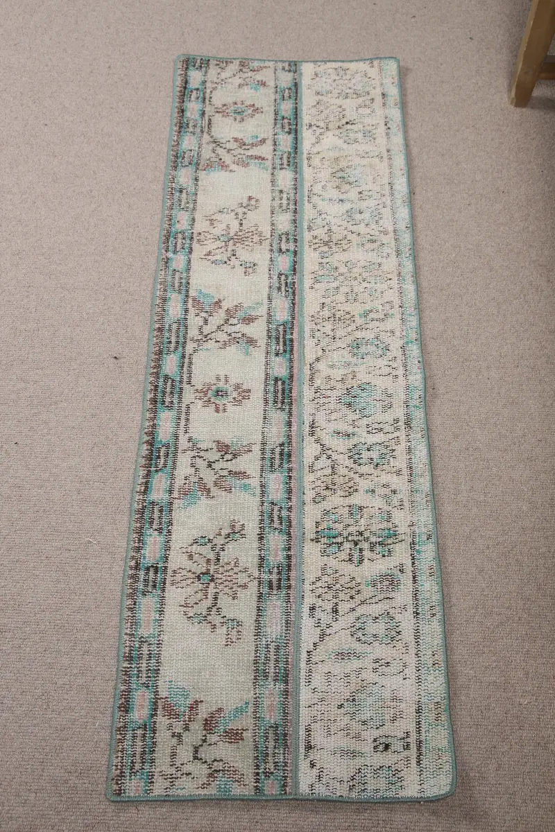 Türk 1.4x4.6 ft Halı, Oushak Vintage Halı, Mavi Çizgili Halı Yün - 1