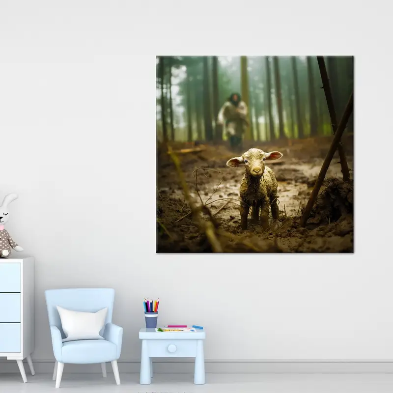 神聖なキャンバス: イエスと羊、ランプ、クリスマスプレゼント