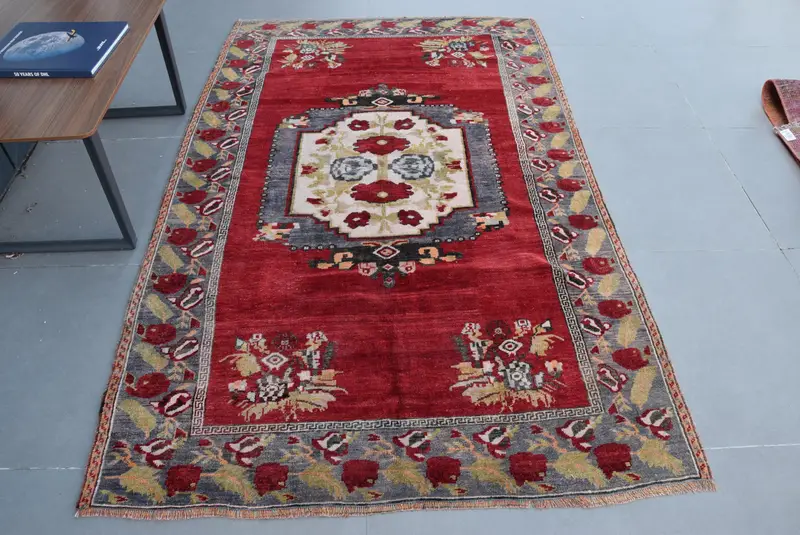 4,4x7 ft Teppich, türkischer Vintage-Teppich, roter Oushak-Wollteppich - 1