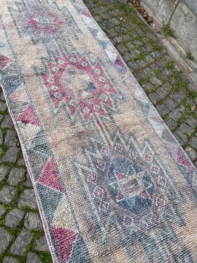 3x11.6 ft Runner Turkish Rug, White Ombré Vintage Rug - 1