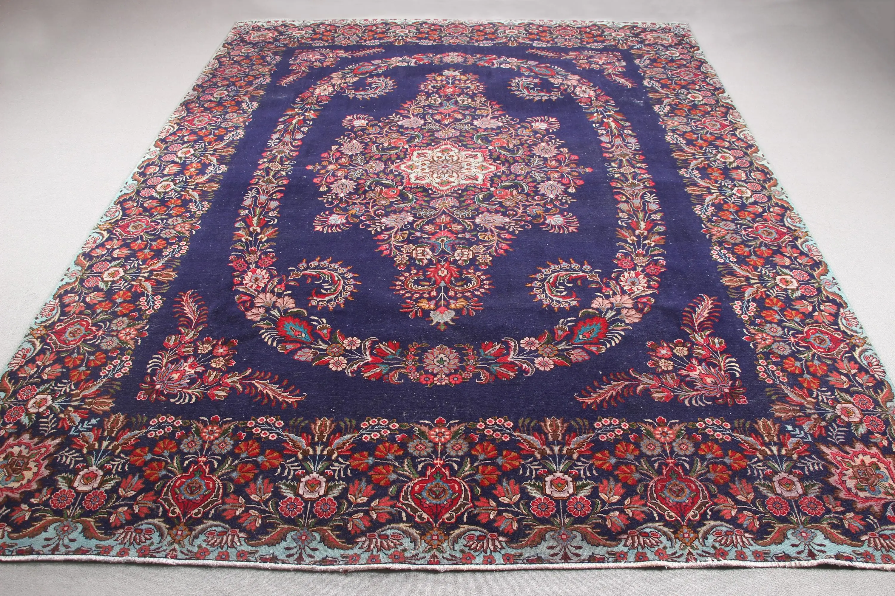 Turkish Oversize Rug 9.6x12.7 ft, Blue Bordered Vintage Wool Rug - 1