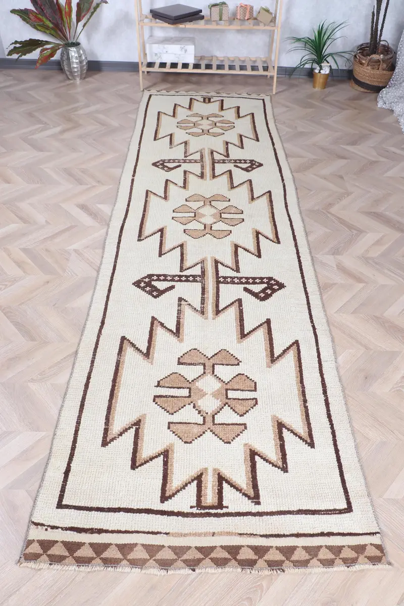 Handmade Beige & Brown Rug, 0.3x10.9 ft Floral & Geometric