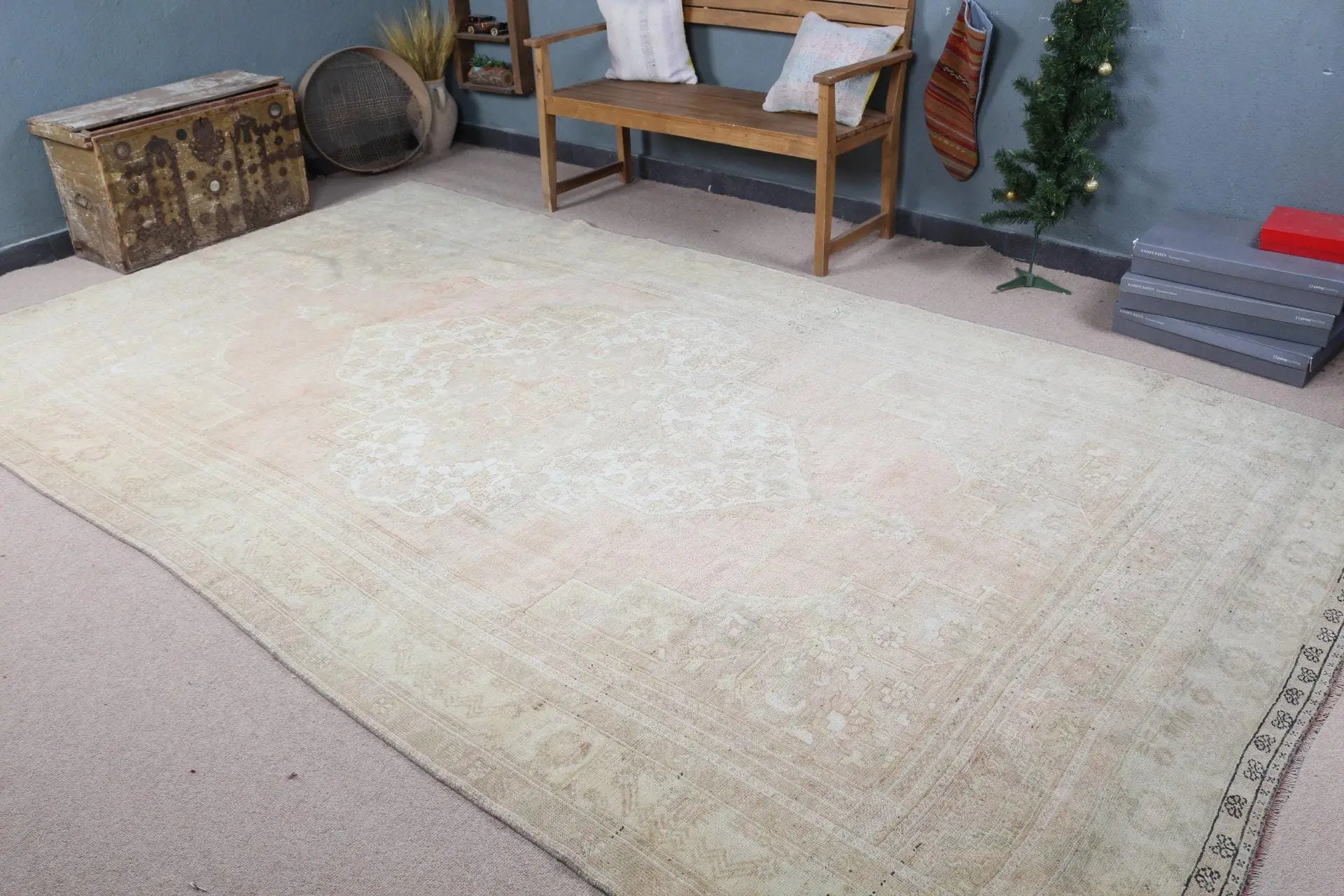 7x12,4 ft Teppich, türkischer Vintage-Übergröße-Teppich, weißer Wollteppich - 1