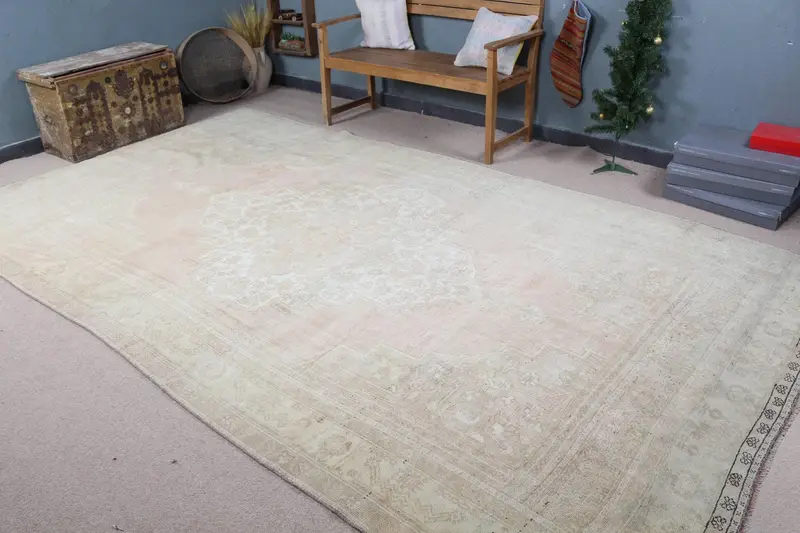 Rosa Teppich mit grünen Pflanzen, 7 x 12,4 Fuß, schickes Dekor